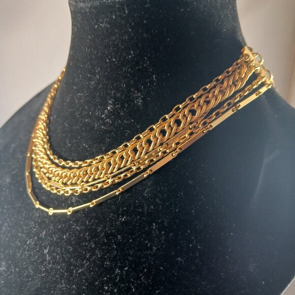 Vintage Gold Tone 5 Layered Statement Choker Necklace - Picture 3 of 10